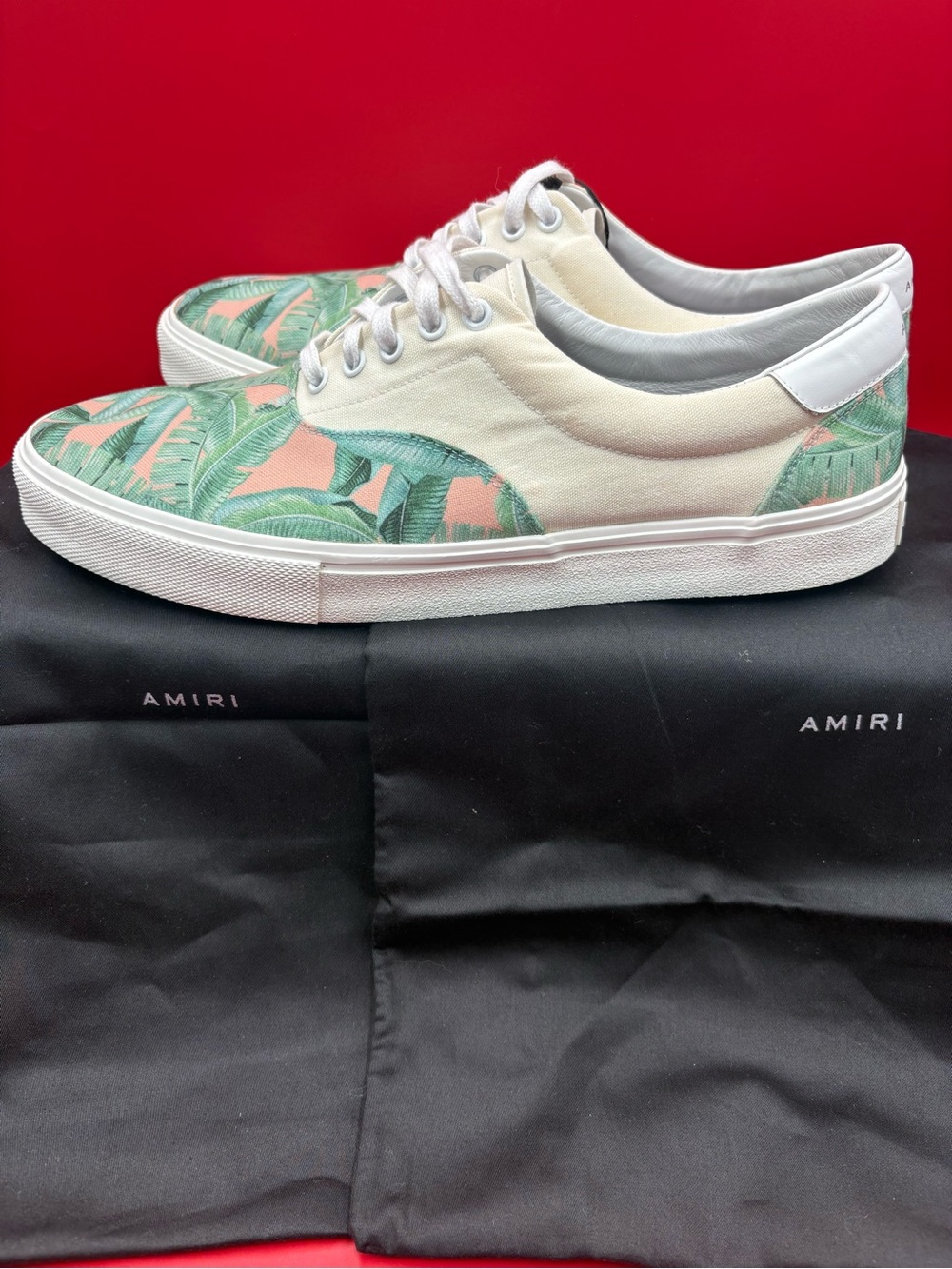 AMIRI Palm Print Low-Top Sneakers in Green and Pink
